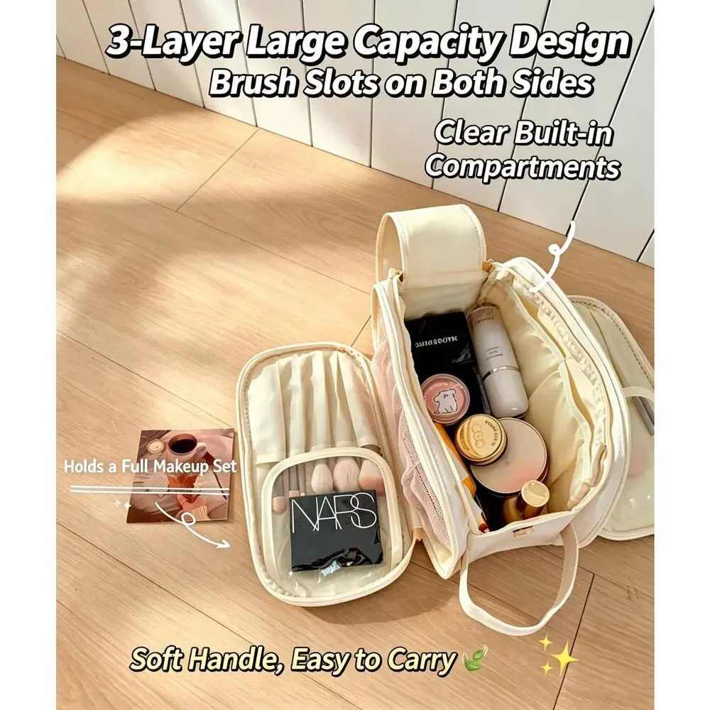 Pink 3‑Layer PU Leather Travel Cosmetic Bag, Toiletry Organizer with Handle